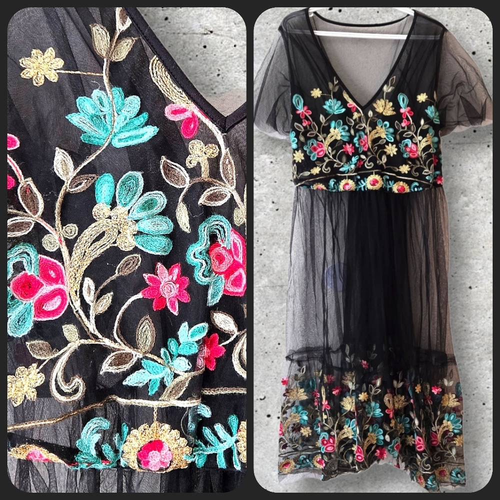 Sheer Black Mesh Overlay Dress Bright Floral Embroidery Dark Fairy Cottage Midi
